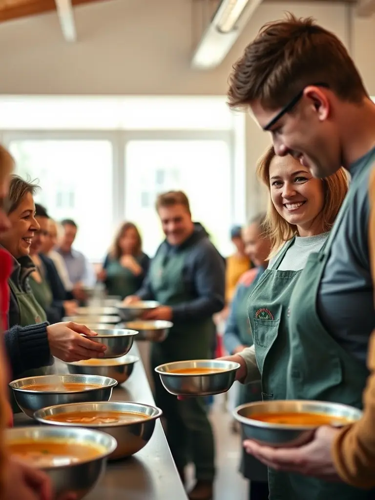 A heartwarming image depicting volunteers serving a nutritious meal at the S'Antonio Messina soup kitchen, showcasing the care and community spirit.