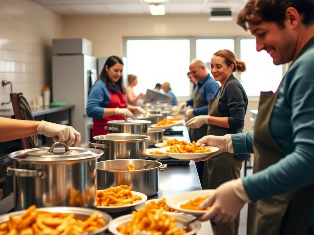 A heartwarming scene inside the S'Antonio Messina soup kitchen, where volunteers are serving a nutritious meal to a group of people in need. The atmosphere is warm and welcoming, reflecting the association's commitment to providing comfort and support.