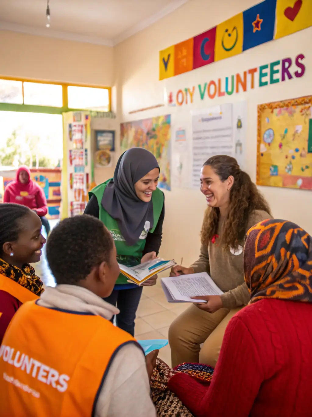 A welcoming scene at the S'Antonio Messina help desk, with a volunteer assisting an individual seeking guidance and support, surrounded by helpful resources.